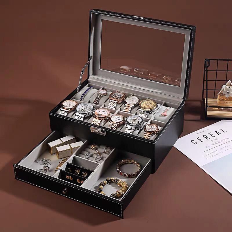 Hộp đựng đồng hồ và mắt kính trang sức 6/10/12/24 ngăn 2 tầng cao cấp