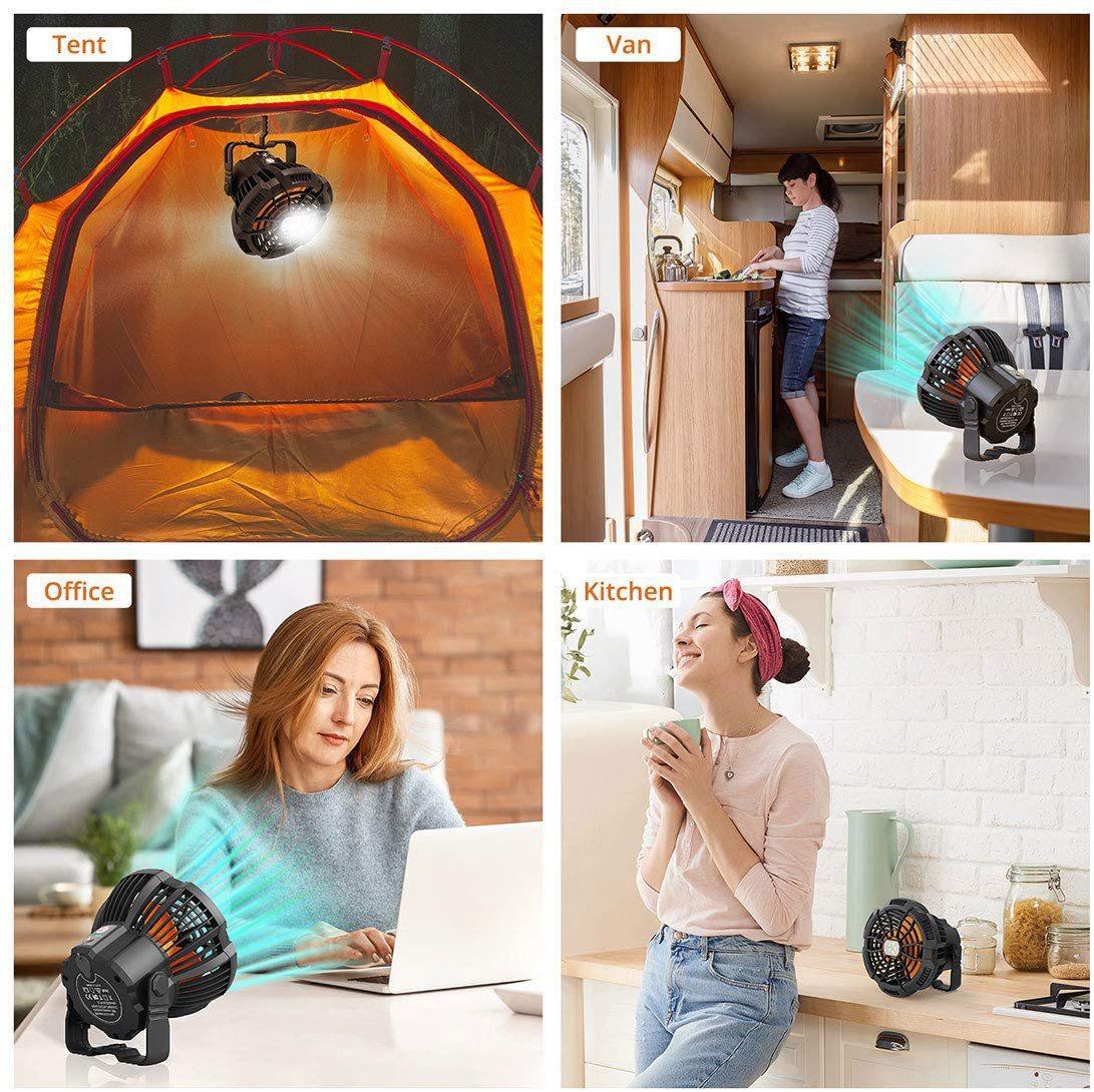 Máy quạt nhỏ cầm tay, sạc được pin đèn LED, máy cắm trại USB với móc xoay, điều chỉnh tốc độ 3-đẩy, điều khiển từ xa của bàn làm việc bên ngoài và trong nhà