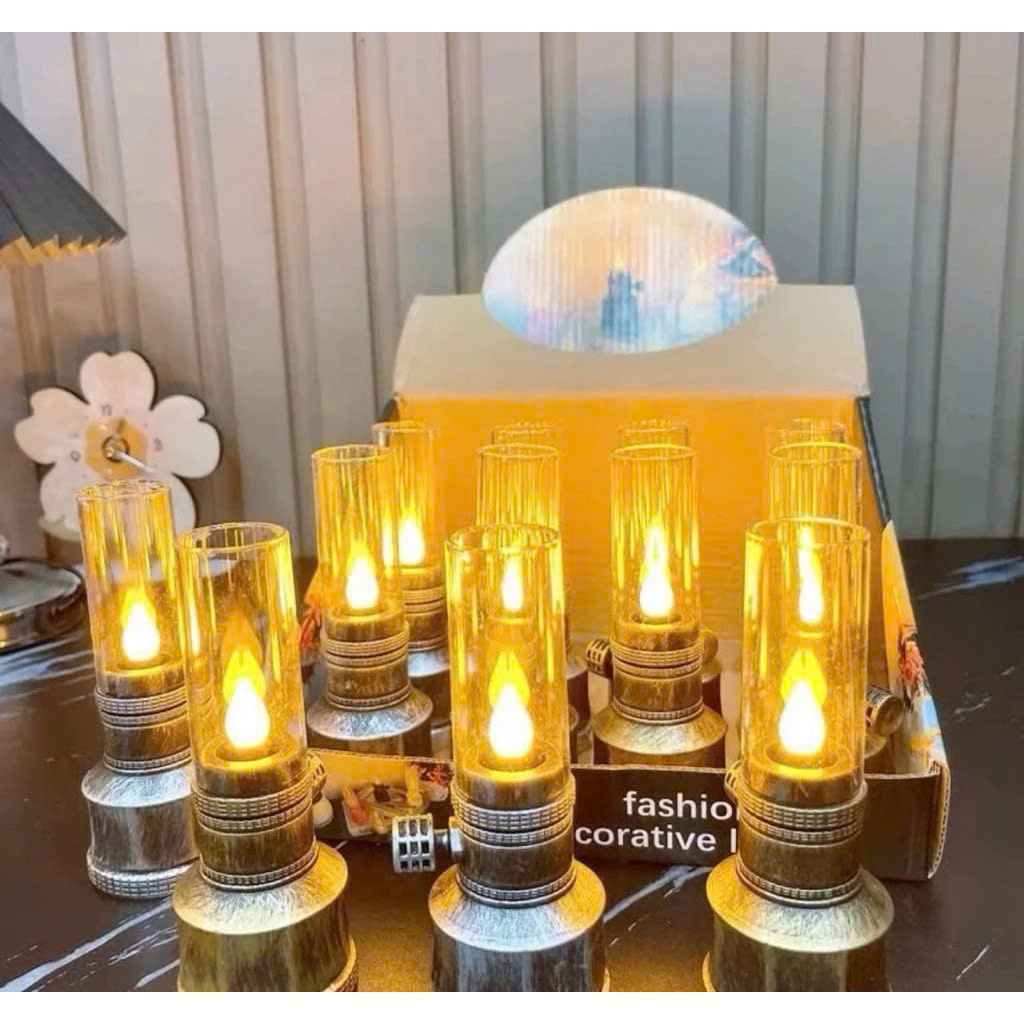 Combo Cặp 2 Đèn Dầu Thờ LED Vĩnh Cửu Dáng Cổ Điển – Ánh Sáng Vàng Ấm, Tặng Pin, Đèn Để Bàn Thờ