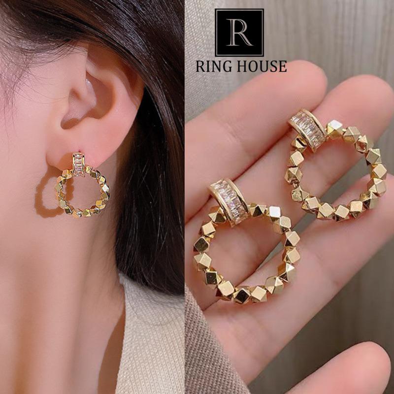 Khuyên tai bông tai nữ tròn khối đa diện sáng dự tiệc đẹp