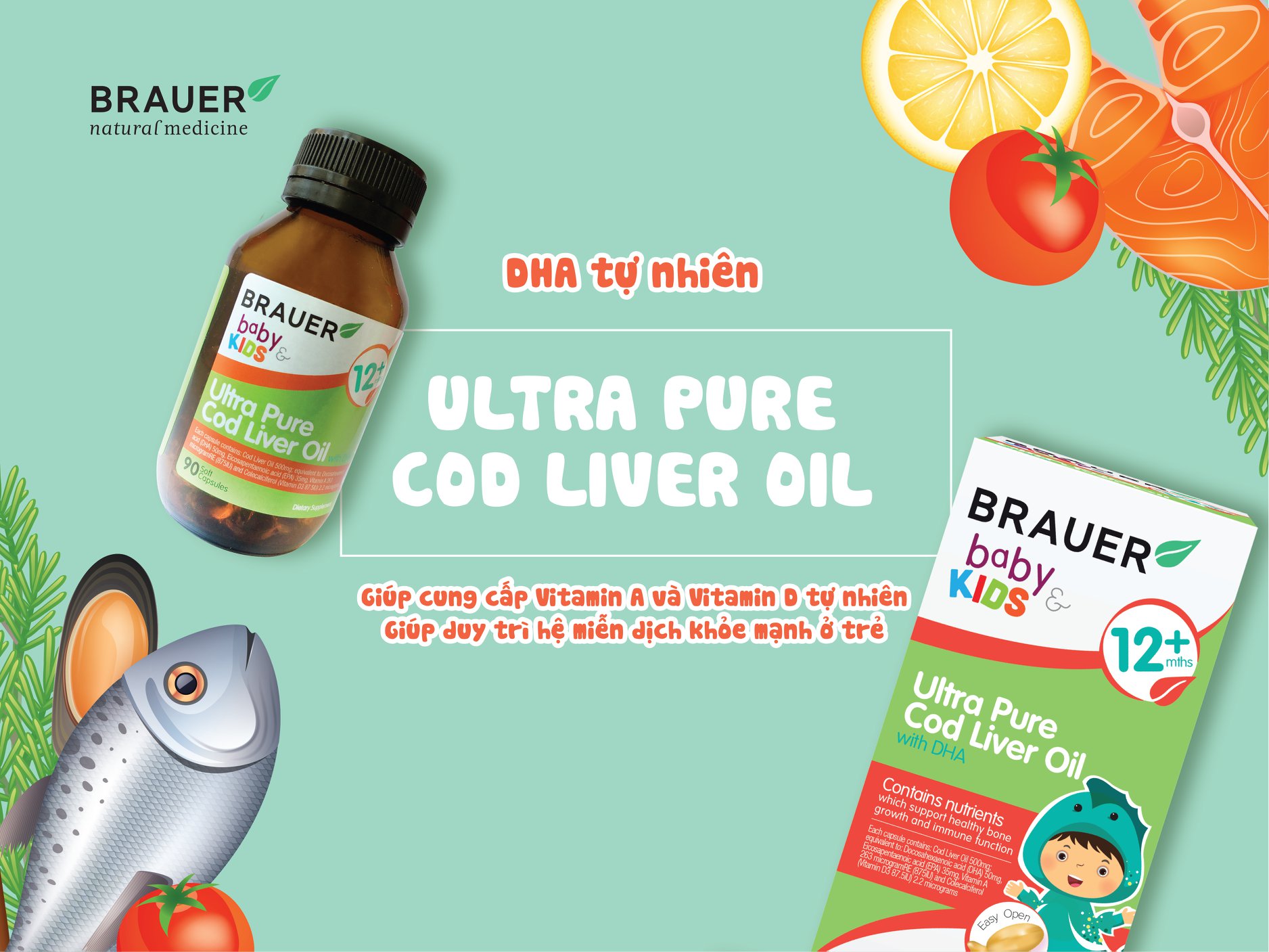 DHA Cho Bé Brauer Ultra Pure Cod Liver Oil NK Úc Giúp Phát Triển Não Bộ, Hỗ Trợ Khả Năng Tập Trung, Nhận Thức Và Ghi Nhớ, Cải Thiện Thị Lực, Chống Mỏi Mắt, Khô Mắt, Tăng Hệ Miễn Dịch – Chai 90 viên nang