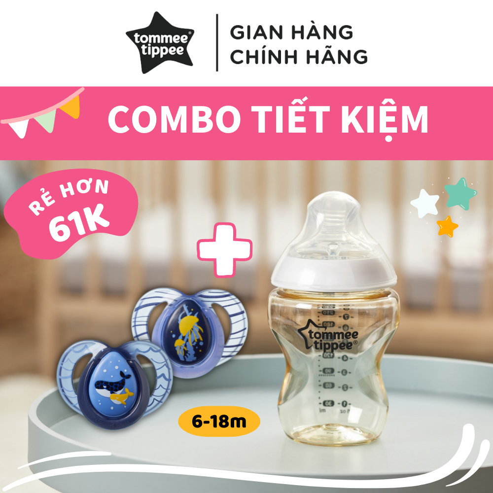 COMBO Ty ngậm vui nhộn Tommee Tippee FunFriends 6-18m &amp; Bình sữa PPSU ty siêu mềm Tommee Tippee Natural Start 260ml