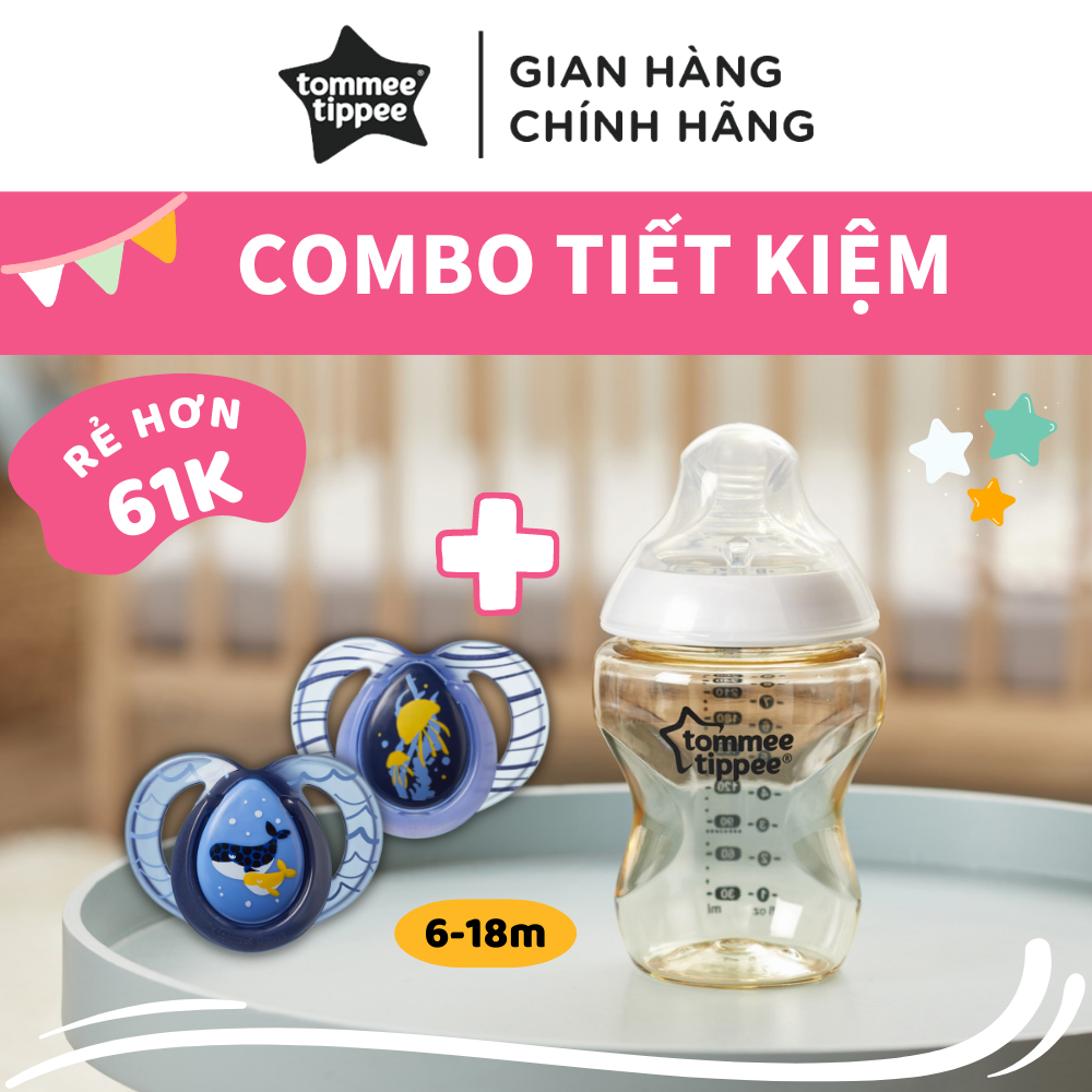 COMBO Bình sữa PPSU ty siêu mềm tự nhiên Tommee Tippee Closer to Nature 260ml &amp; Ty ngậm dạ quang cho bé Tommee Tippee Night Time 6-18 tháng (vỉ đôi) - Cá Voi