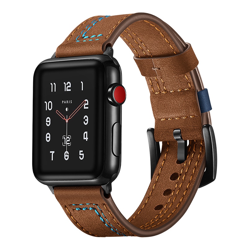 Dây đồng hồ, dây da 07 viền chỉ khóa thép không gỉ cho Apple Watch