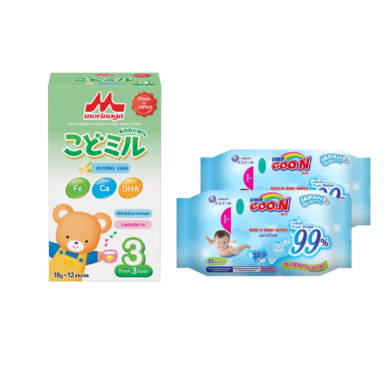 Sữa Morinaga số 3  Kodomil 216g cho bé từ 3 tuổi hương vani + tặng 2 gói khăn ướt Goo.N