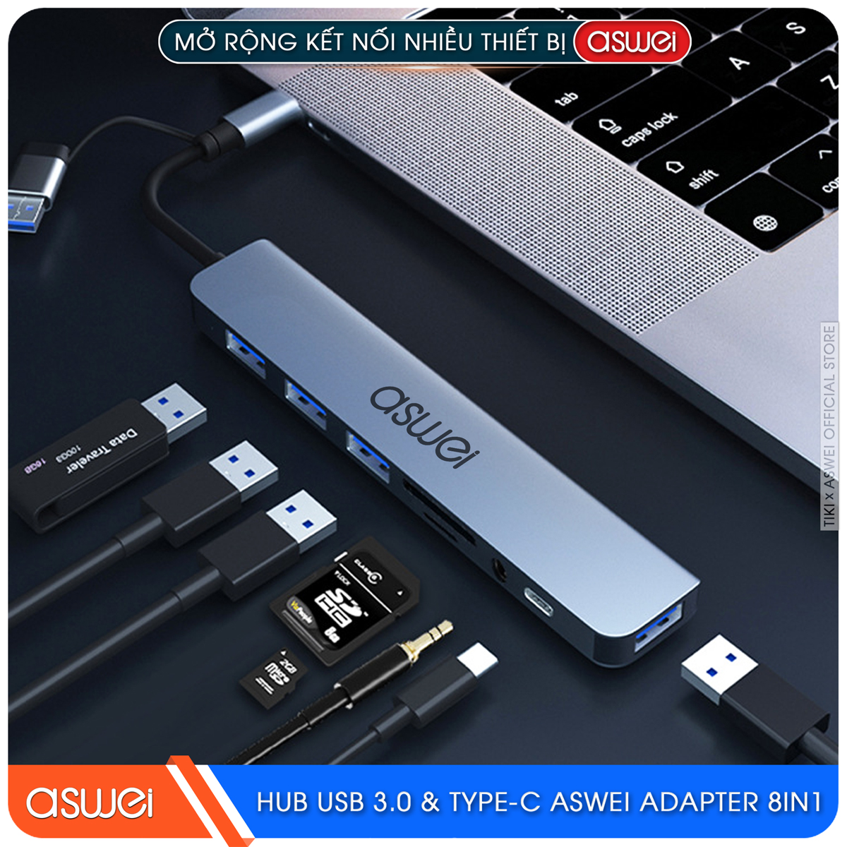 Hub USB 3.0 Và Hub Type C ASWEI 8 in 1 To USB 3.0, SD, TF, USB C, Audio 3.5 - Hàng Chính Hãng