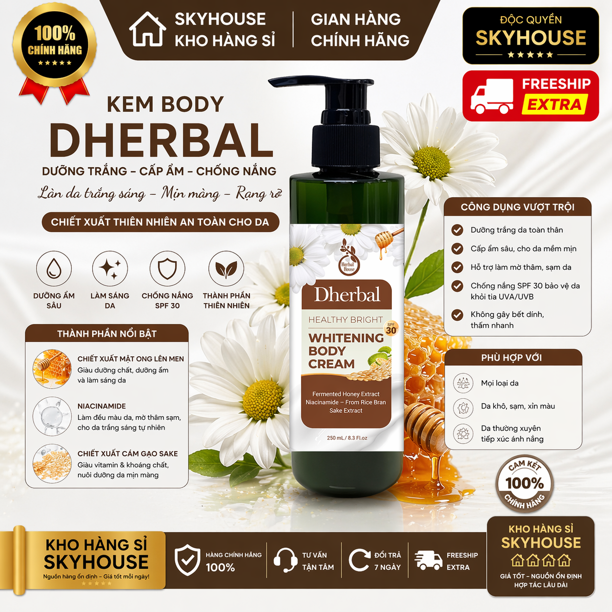 Kem dưỡng trắng da thiên nhiên độc quyền WHITENING BODY CREAM DHERBAL chai 250ml kem chống nắng toàn thân chính hãng