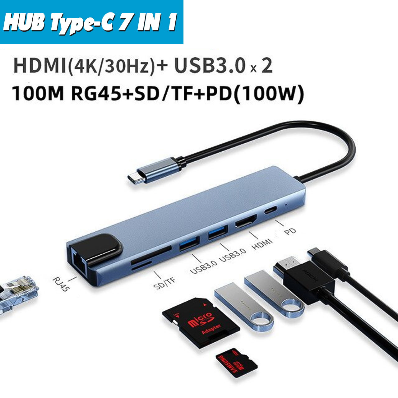 Vinetteam Hub USB TYPE-C 8 Cổng HDMI 4K 60Hz/ USB 3.0/ TF/ SD/ RJ45 100Mbps Dành Cho Macbook, PC Và Devices - Hàng Chính Hãng