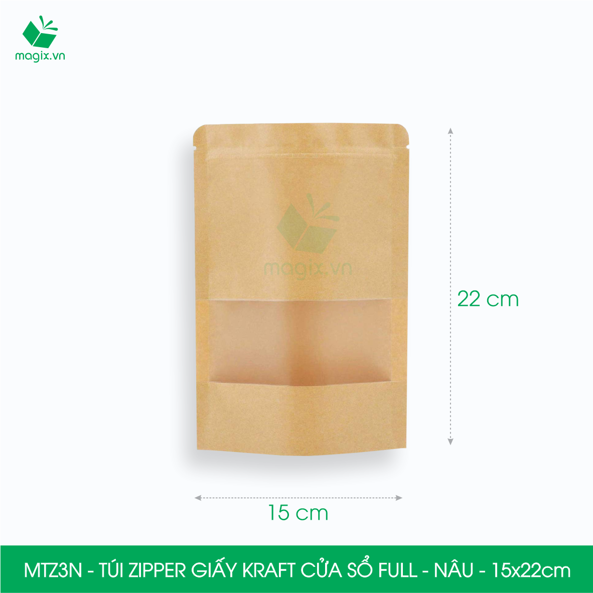 MTZ3N - 15x22cm - Combo 50 Túi Zipper giấy Kraft Nâu đáy đứng có cửa sổ