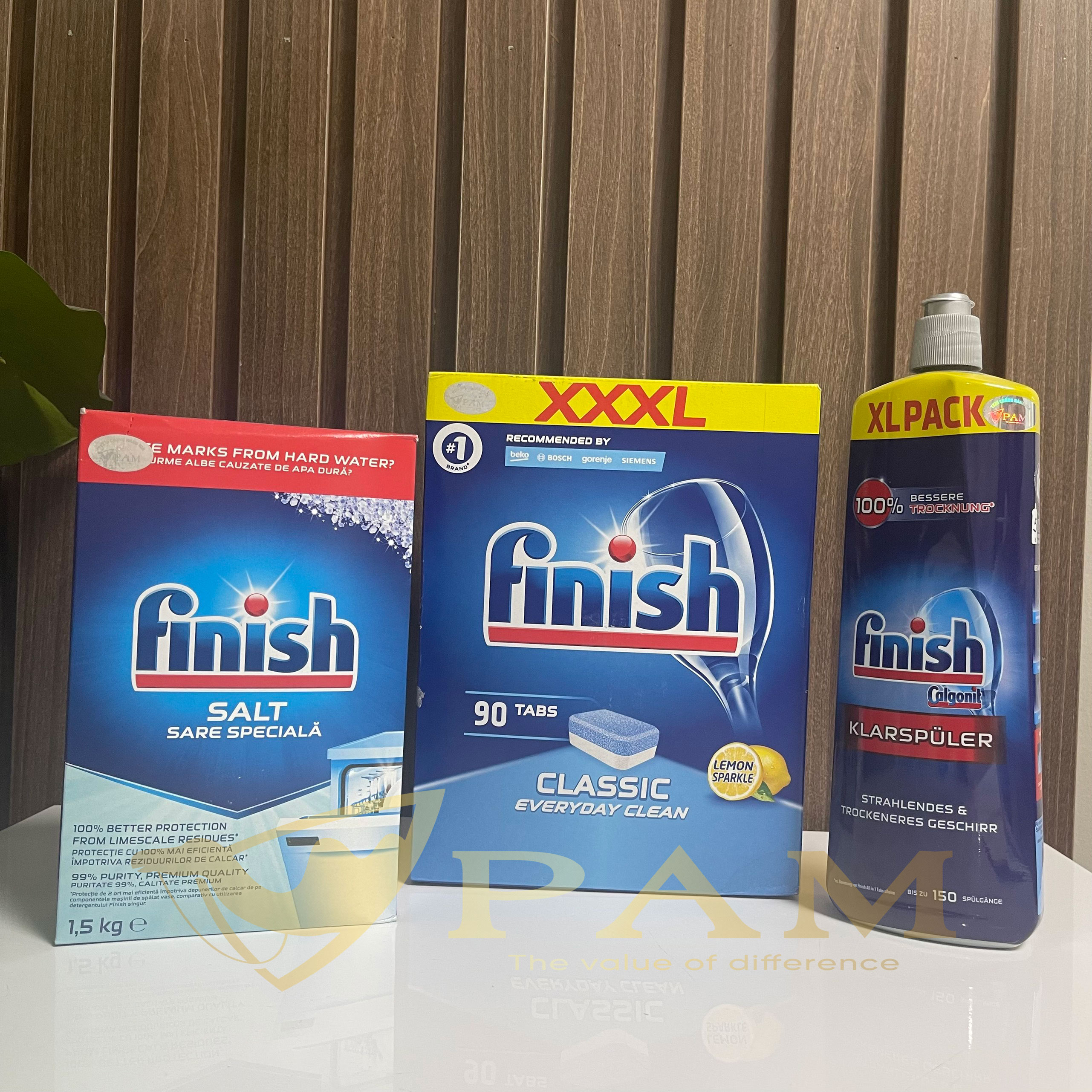 Combo Viên rửa bát Finish Classic 90 viên hương chanh + Muối Finish 1.5kg + Nước làm bóng Finish 750ml