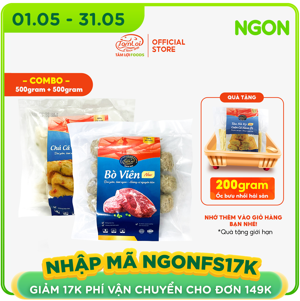 Combo Bò viên 500 gram + Chả cá con hành ớt 500 gram Tâm Lợi, loại cao cấp - Giao nhanh trong 3H