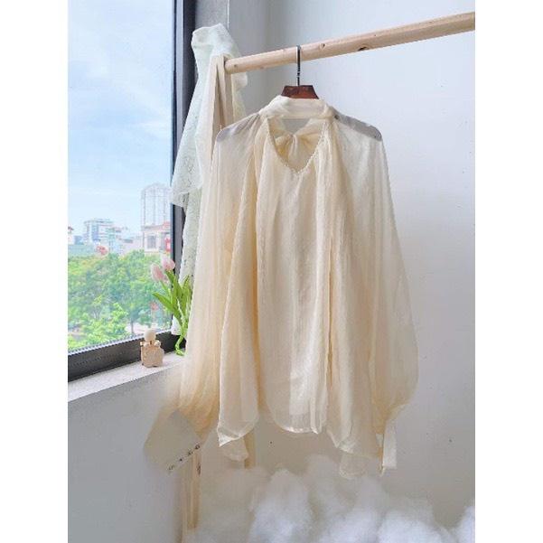 Áo sơ mi kiểu babydoll cổ V chocker đính ngọc thắt nơ lưng - DRA0027