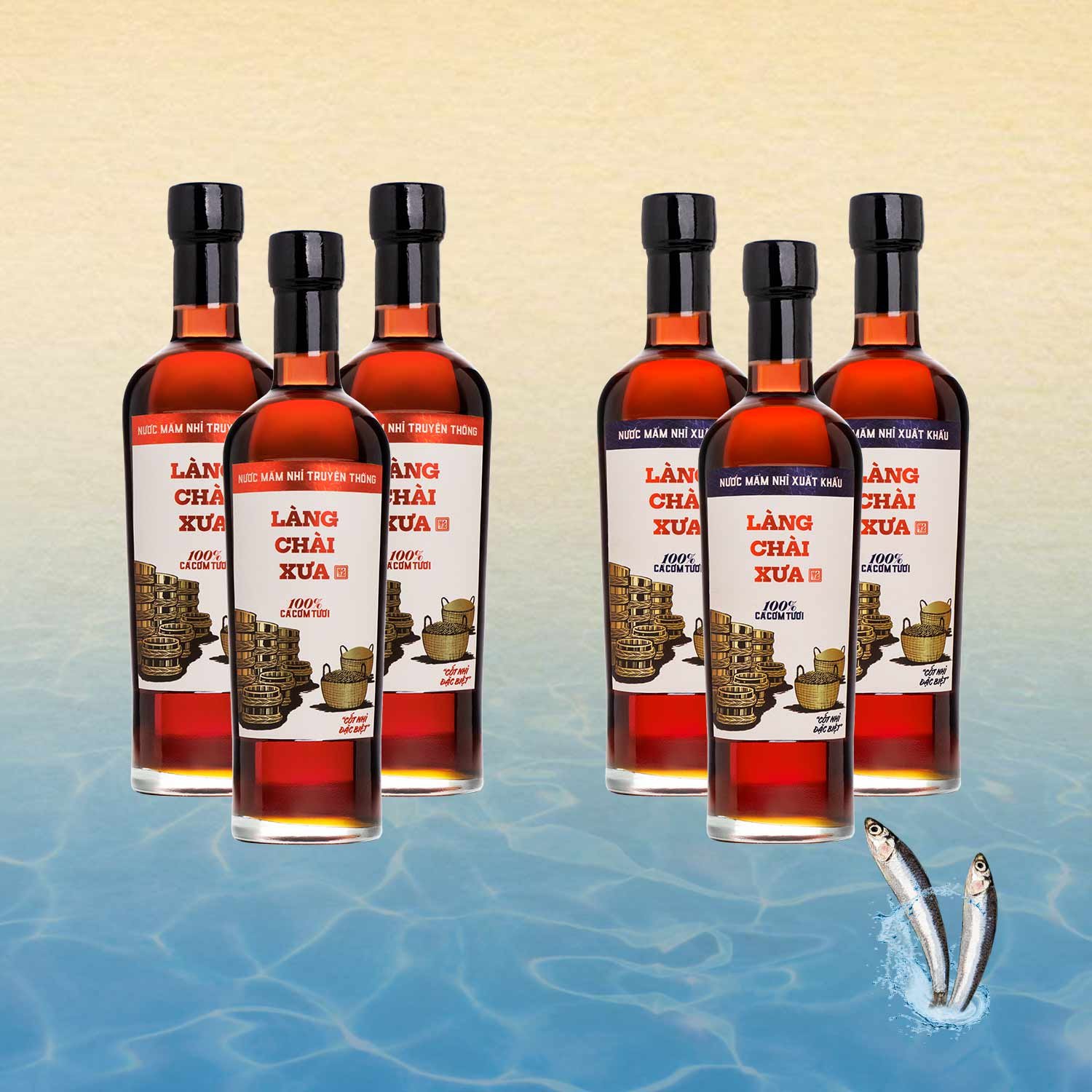 Đặc Sản Phan Thiết - Combo 3 Chai Nước Mắm Nhỉ Làng Chài Xưa Xuất Khẩu Nhãn Xanh 500Ml + 3 Chai Làng Chài Xưa Nhãn Đỏ 500Ml Cốt Nhỉ Đặc Biệt Từ 100% Cá Cơm Tươi