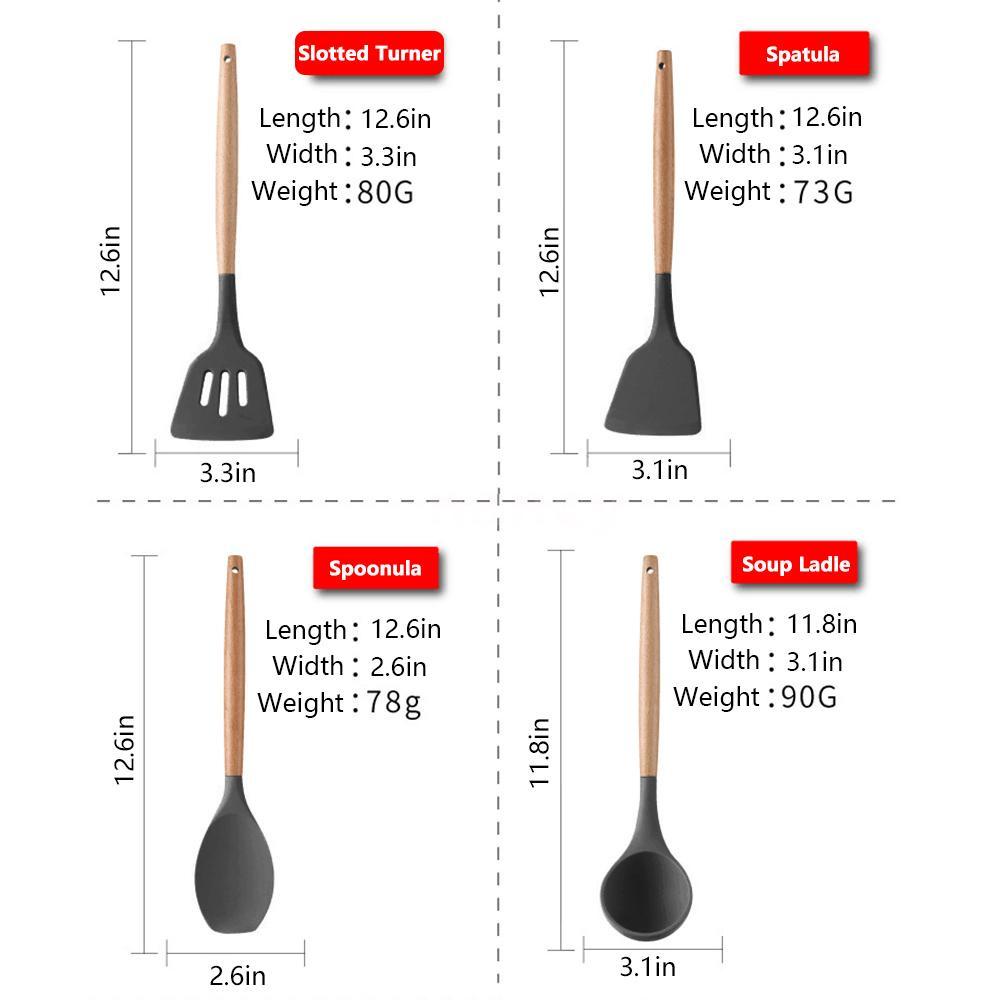 Bộ 8 Dụng Cụ Nấu Ăn Bằng Silicone Tay Cầm Gỗ Cách Nhiệt Dễ Vệ Sinh Cho Nhà Bếp / Nhà Hàng / Khách Sạn