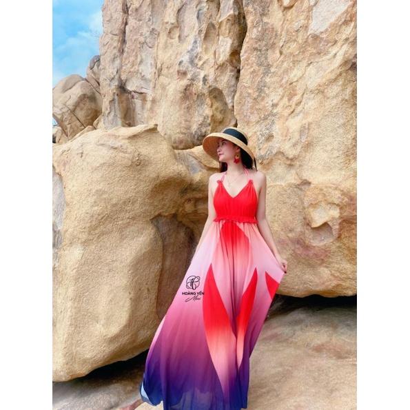 HOANGYEN - Edana dress đầm maxi hở lưng phối bèo đi biển, váy đi biển, du lịch