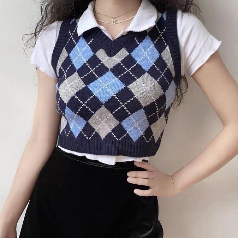Set áo polo mix gile crotop kẻ caro Ulzzang 2021