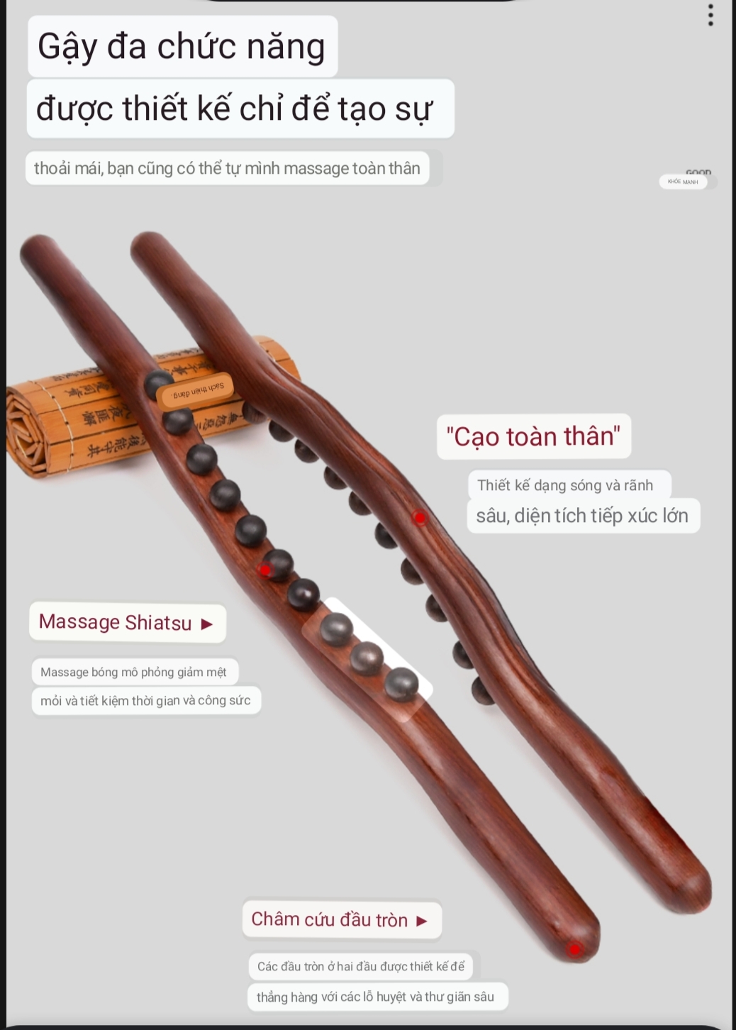 Gậy Gỗ Massage đa năng Body Đả Thông Kinh Lạc, Thanh Gỗ massage Vạn Năng10 Bi Carbon Dài 60cm Dùng Trong Spa Dưỡng Sinh