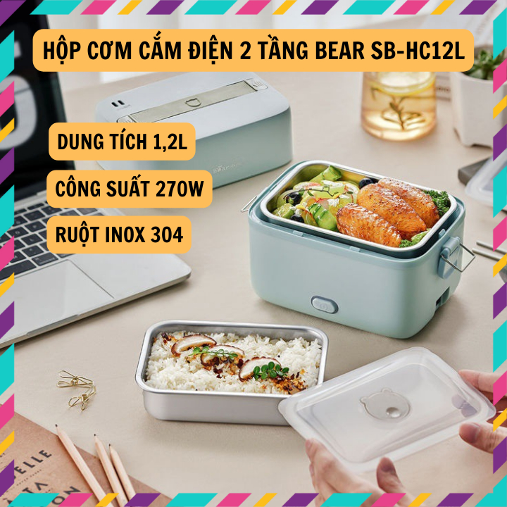 Hộp Cơm Cắm Điện Sothing Bear SB-HC12L, Dung Tích 1,2L, 2 Tầng, 3 Ngăn, Hâm Nóng Cực Nhanh, Ruột Inox 304 An Toàn- Hàng Chính Hãng