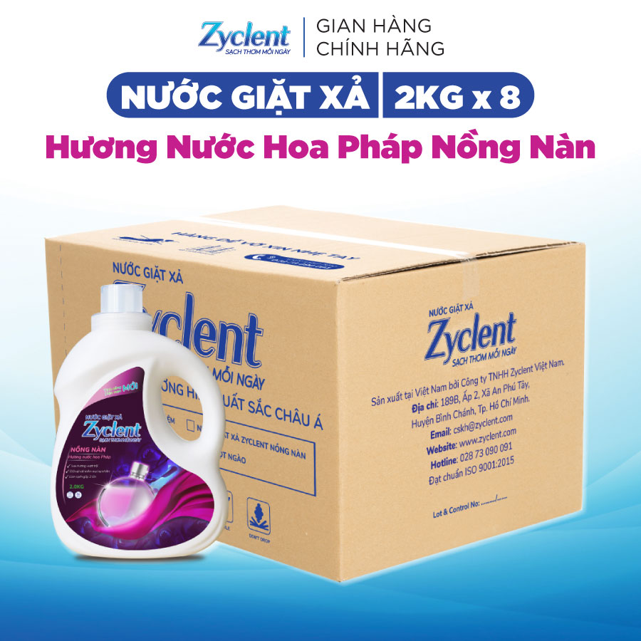 Thùng Nước Giặt Xả Zyclent Nồng Nàn - Hương Nước Hoa Pháp (2kg x 8 can)