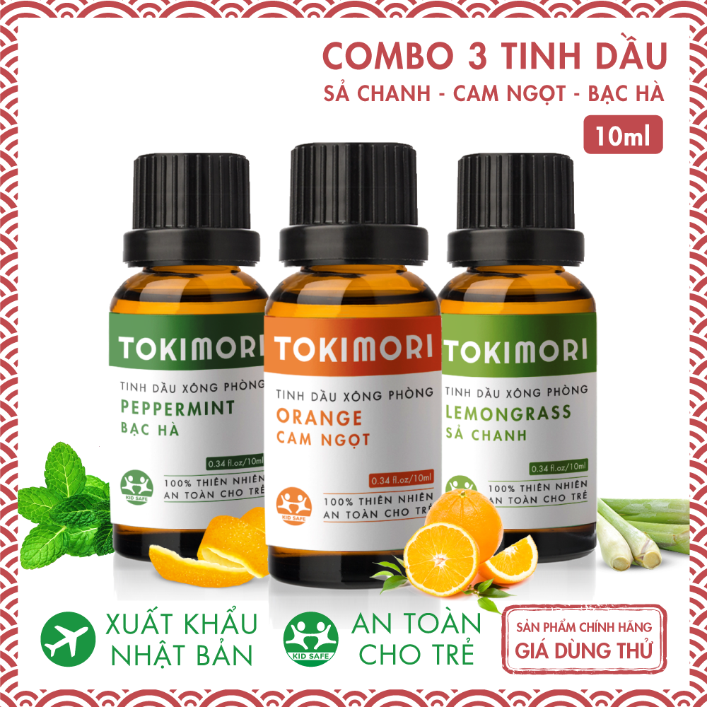 Combo 3 Chai (10ml) Tinh Dầu Sả Chanh - Cam Ngọt - Bạc Hà TOKI MORI Xuất Khẩu Nhật Bản 100% Thiên Nhiên, An Toàn Cho Trẻ, Xông Phòng, Khử Mùi, Kháng Khuẩn, Đuổi Muỗi, Giải Cảm