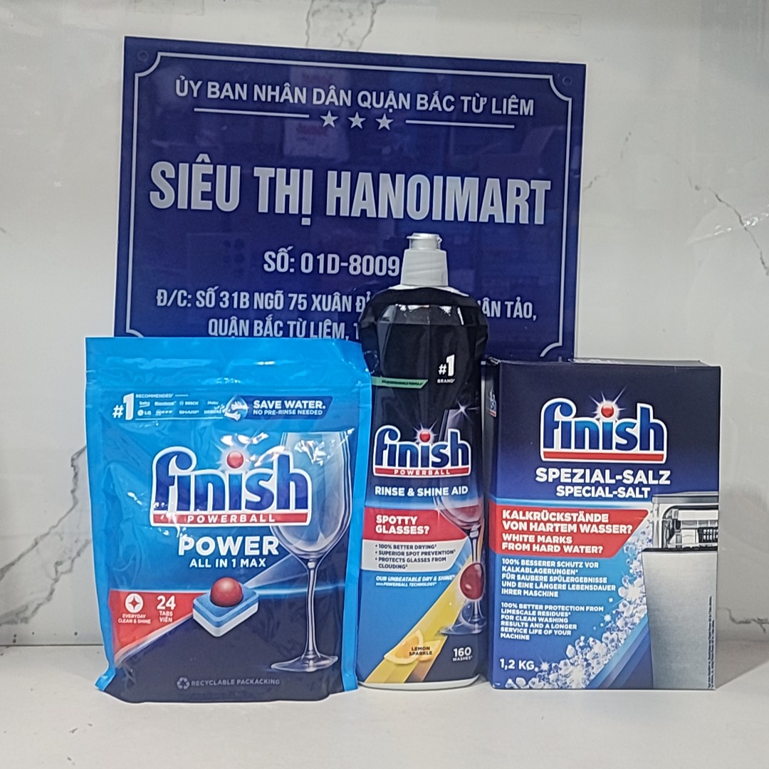 Combo Tiêu Chuẩn Túi 24 Viên Rửa Bát All In One Max Muối Finish 1.2Kg 800Ml Dung Dịch Nước Làm Bóng Rinse &Amp; Shine Aid Tẩy Rửa Máy Rửa Chén Bát. - Combo 24Vmuốibóng