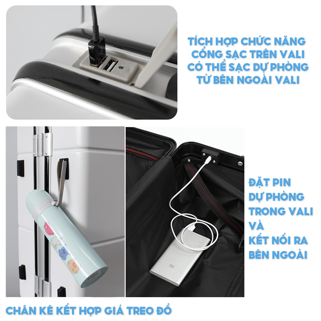 Vali khung nhôm vỏ nhựa cao cấp thời trang mẫu thương gia du lịch bánh xe xoay 360 độ khoá sập TSA mật khẩu 3 đơn vị số