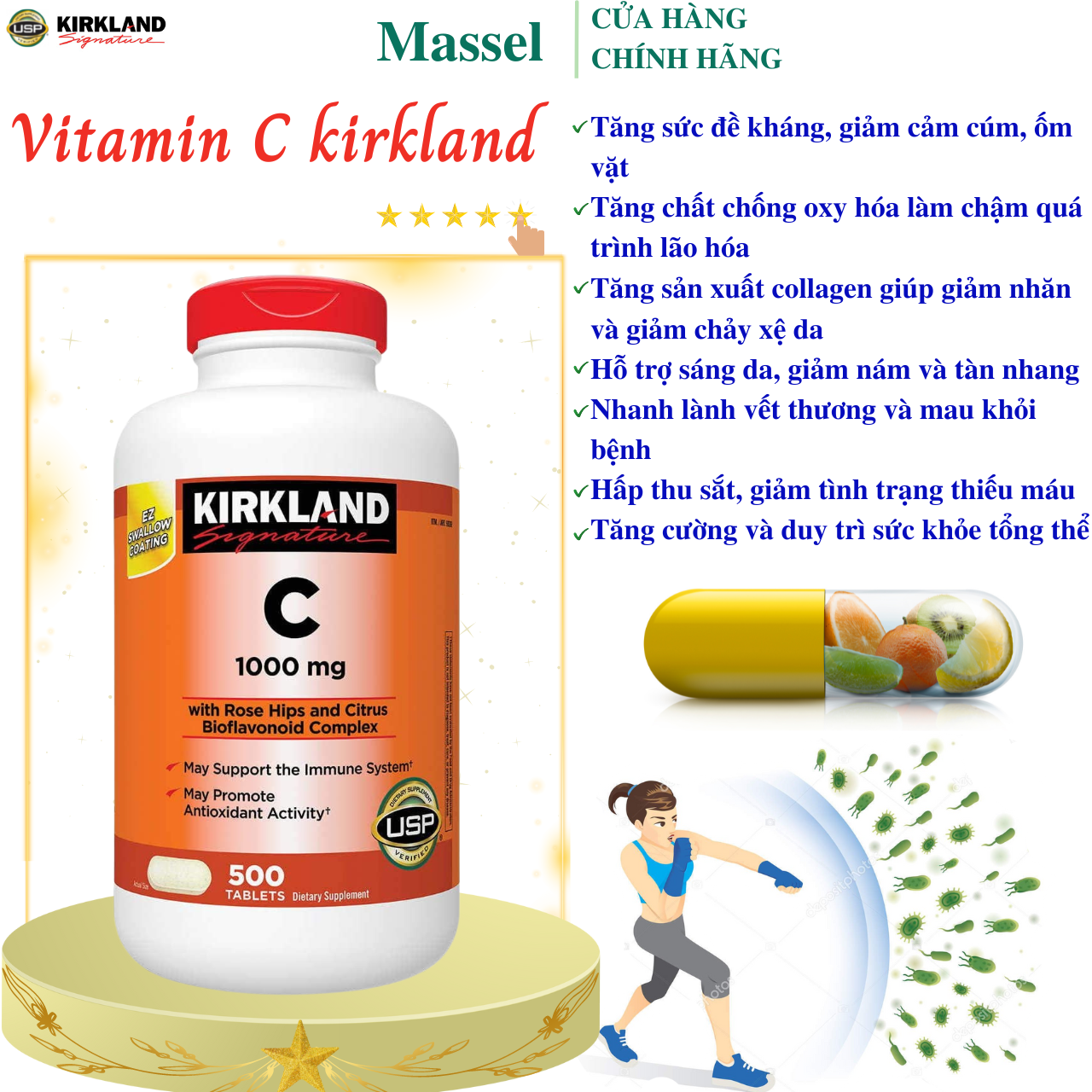 Vitamin C Kirkland Signature Giúp sáng da, làm chậm quá trình lão hóa, tăng sức đề kháng, nhanh lành và tăng sức khỏe tổng thể - Massel Official