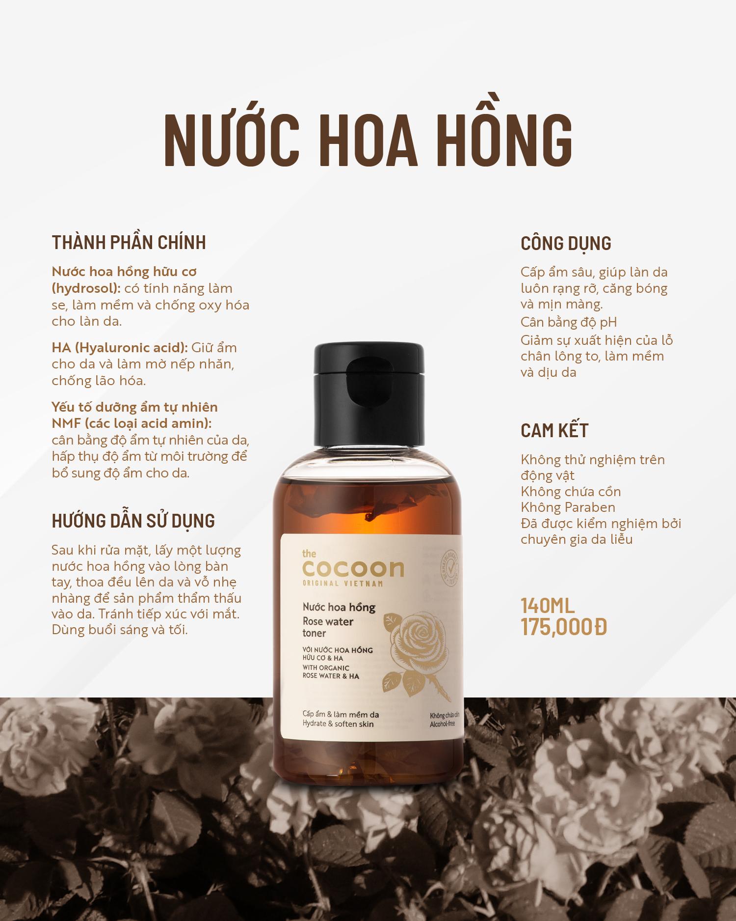 Nước hoa hồng Cocoon Rose Water Toner 140ml không cồn , cấp ẩm và làm mềm da