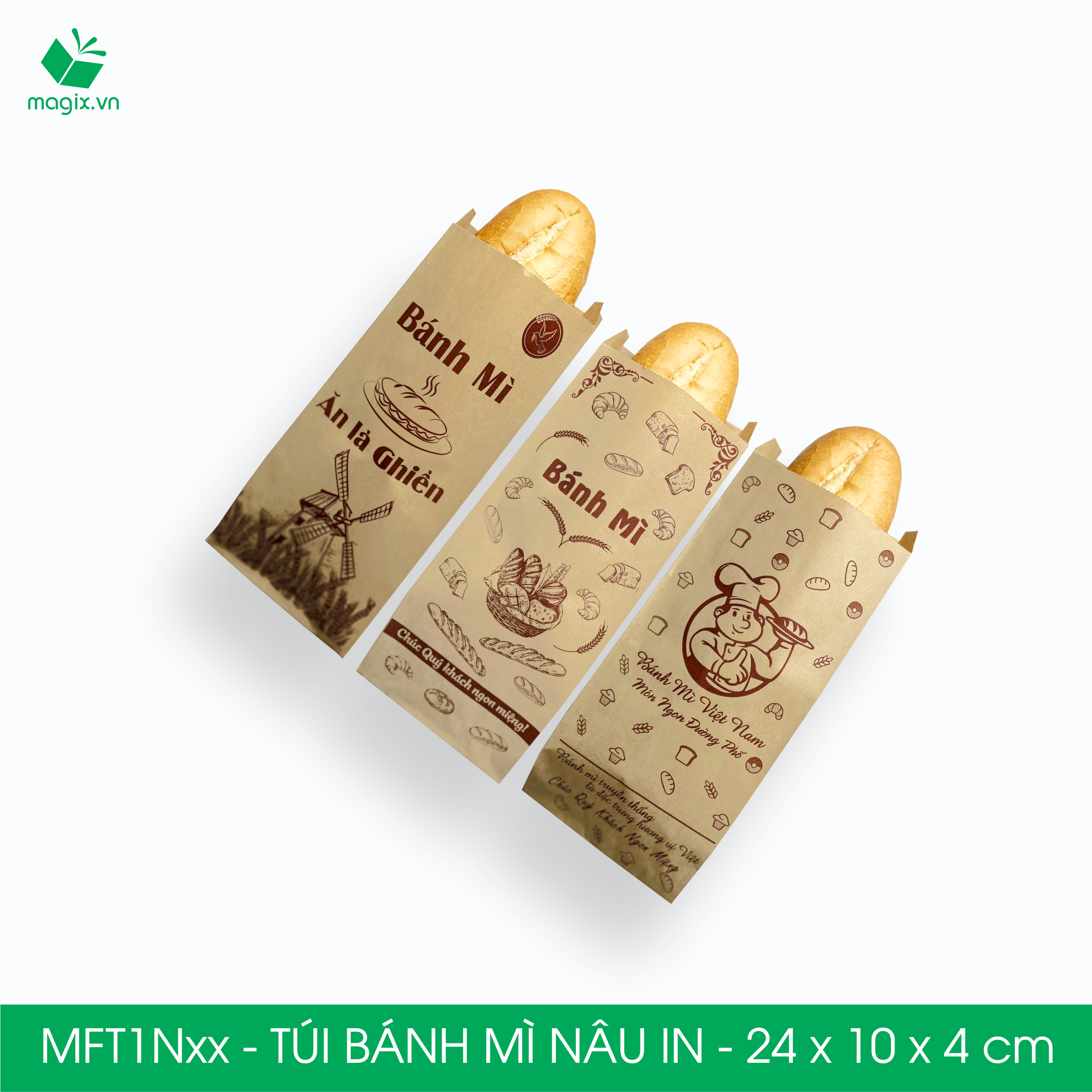 Combo 100 Túi bánh mì Nâu 24x10x4 cm - In sẵn họa tiết nhiều mẫu - Bao bánh mì Túi giấy thực phẩm an toàn