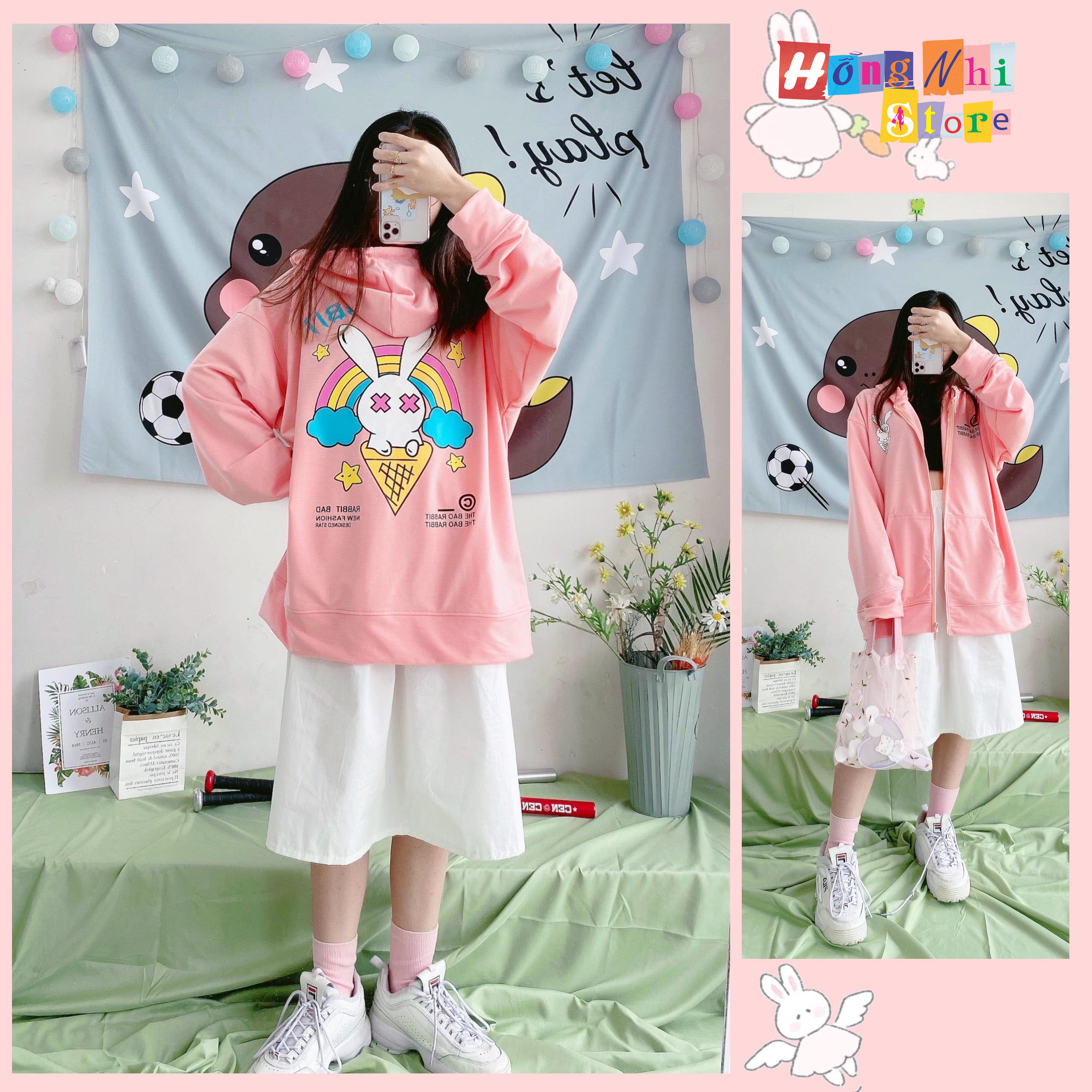 Áo Khoác Hoodie Zip In Hình BAD RABBIT Oversize Ulzzang Unisex Dáng Rộng - MM