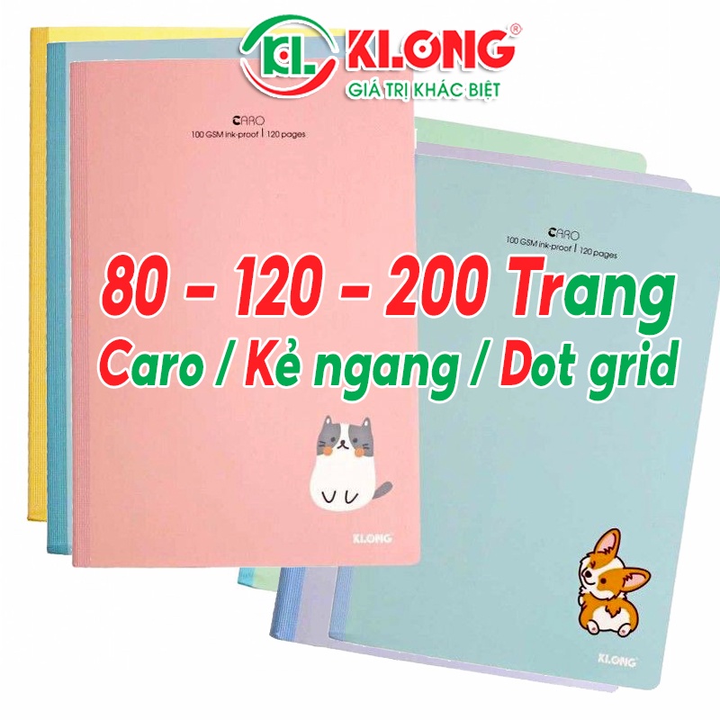 Vở caro Klong 200 trang, 120 trang, 80 trang A4, B5 kẻ ngang, dot grid (đủ loại