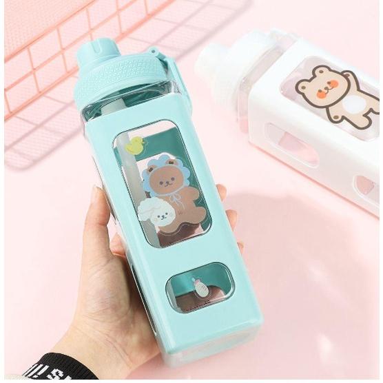 Bình nước thể thao dáng vuông dung tích 700ml kèm sticker đáng yêu