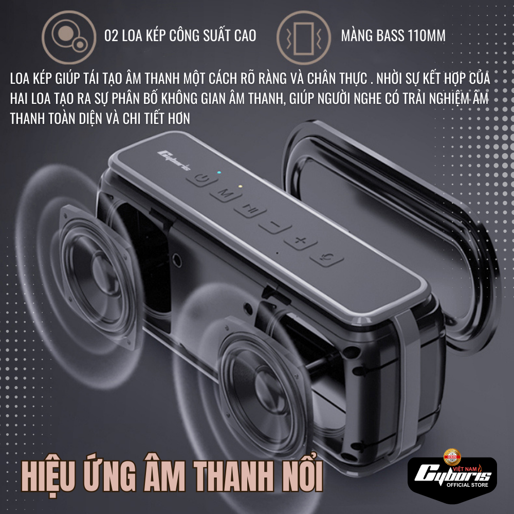 Loa Bluetooth Cyboris V7 Pro, Loa siêu Bass, Công suất 60W, Chống nước IPX5, Pin 6600mAh. Hàng Chính Hãng