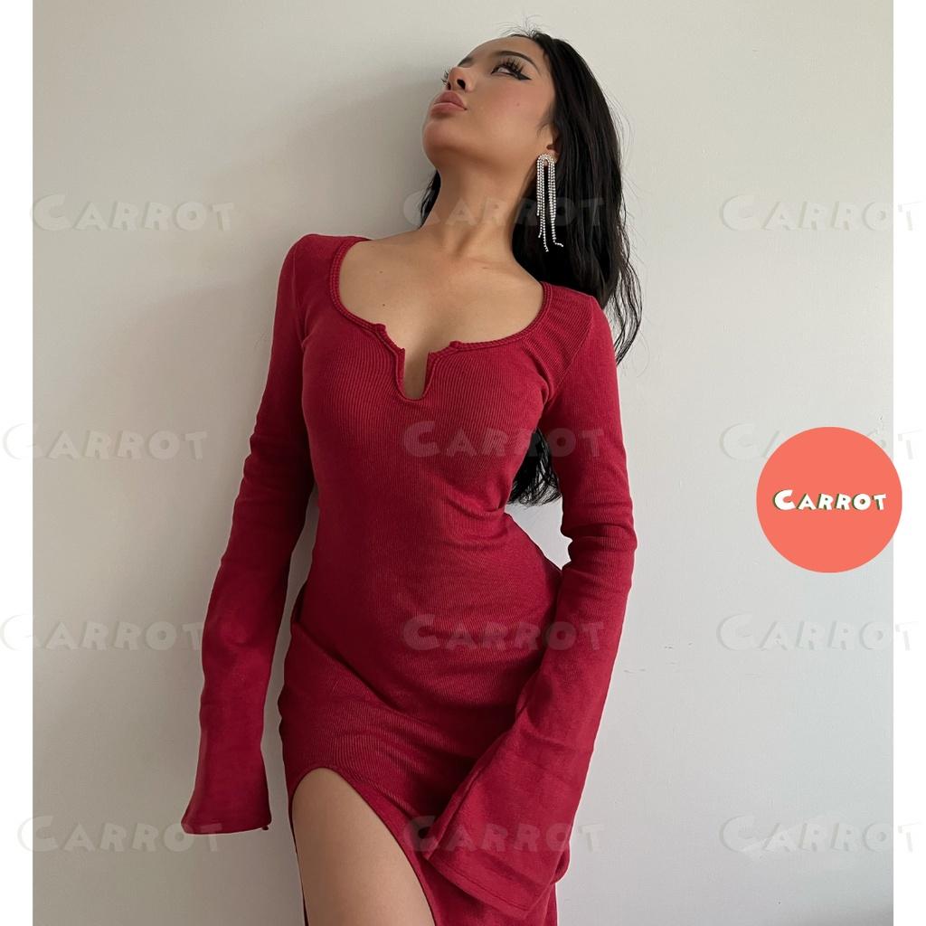Đầm body tay dài đỏ đi tiệc sang chảnh tôn dáng khoét ngực sexy freesize chất co gĩan carrotxinhdep