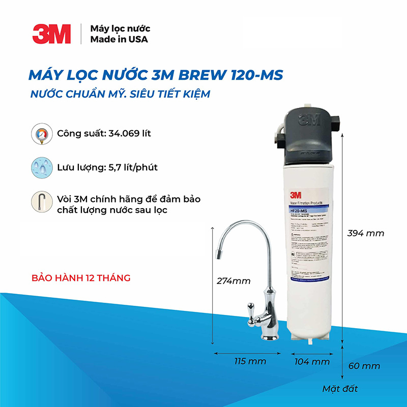 Máy Lọc Nước 3M BREW120-MS Chuẩn Nước Khoáng Uống Trực Tiếp Không Dùng Điện - Nhập Khẩu Mỹ, Hàng Chính Hãng 3M - BREW120MS HF20-MS HF20MS