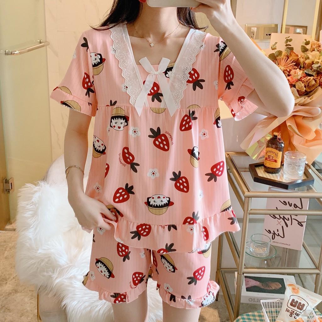 Pijama- Bộ Ngủ Nữ Cộc Tay Phối Ren Nơ Cách Điệu CCTT01