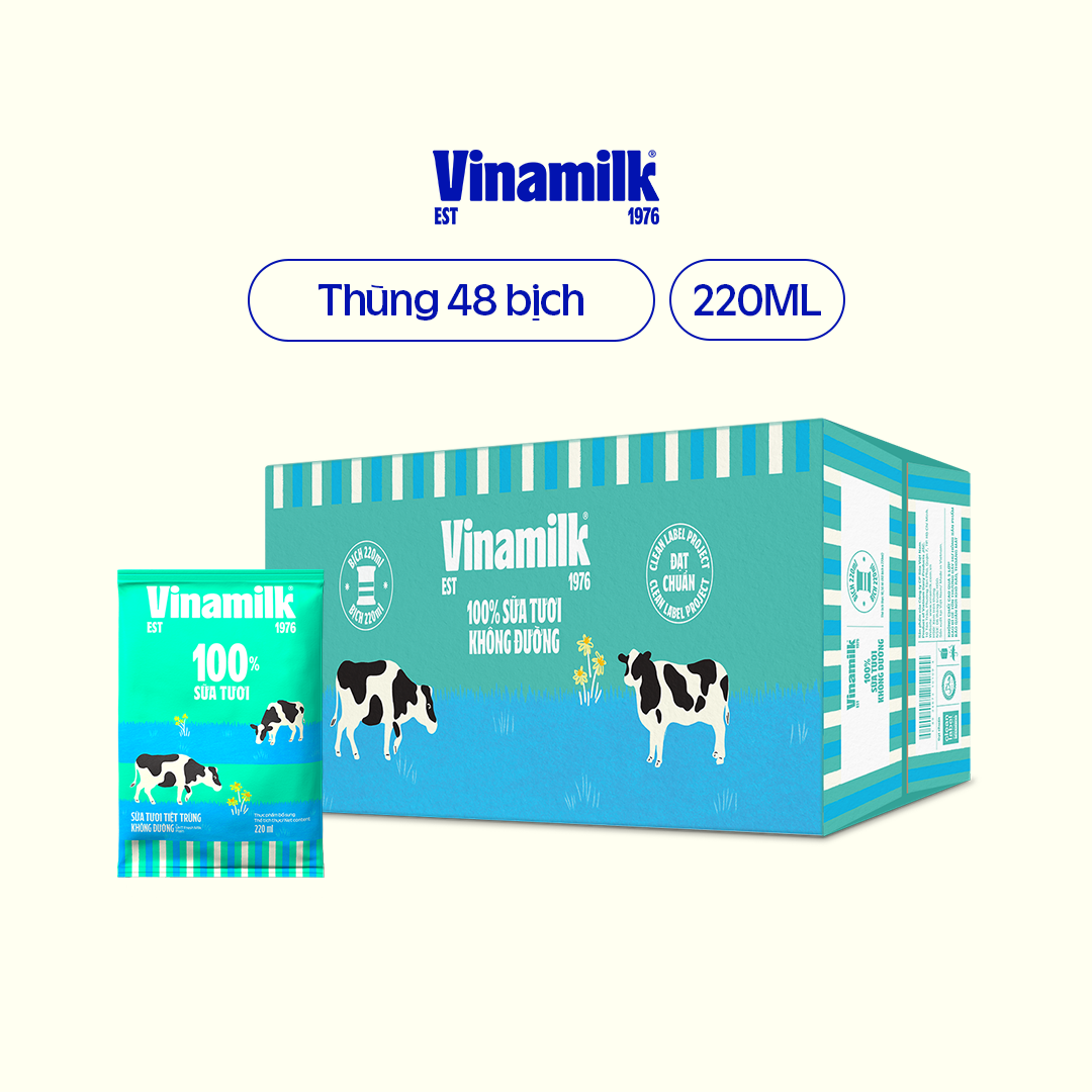 Sữa tươi tiệt trùng không đường Vinamilk 100% Sữa tươi - Thùng 48 bịch 220ml