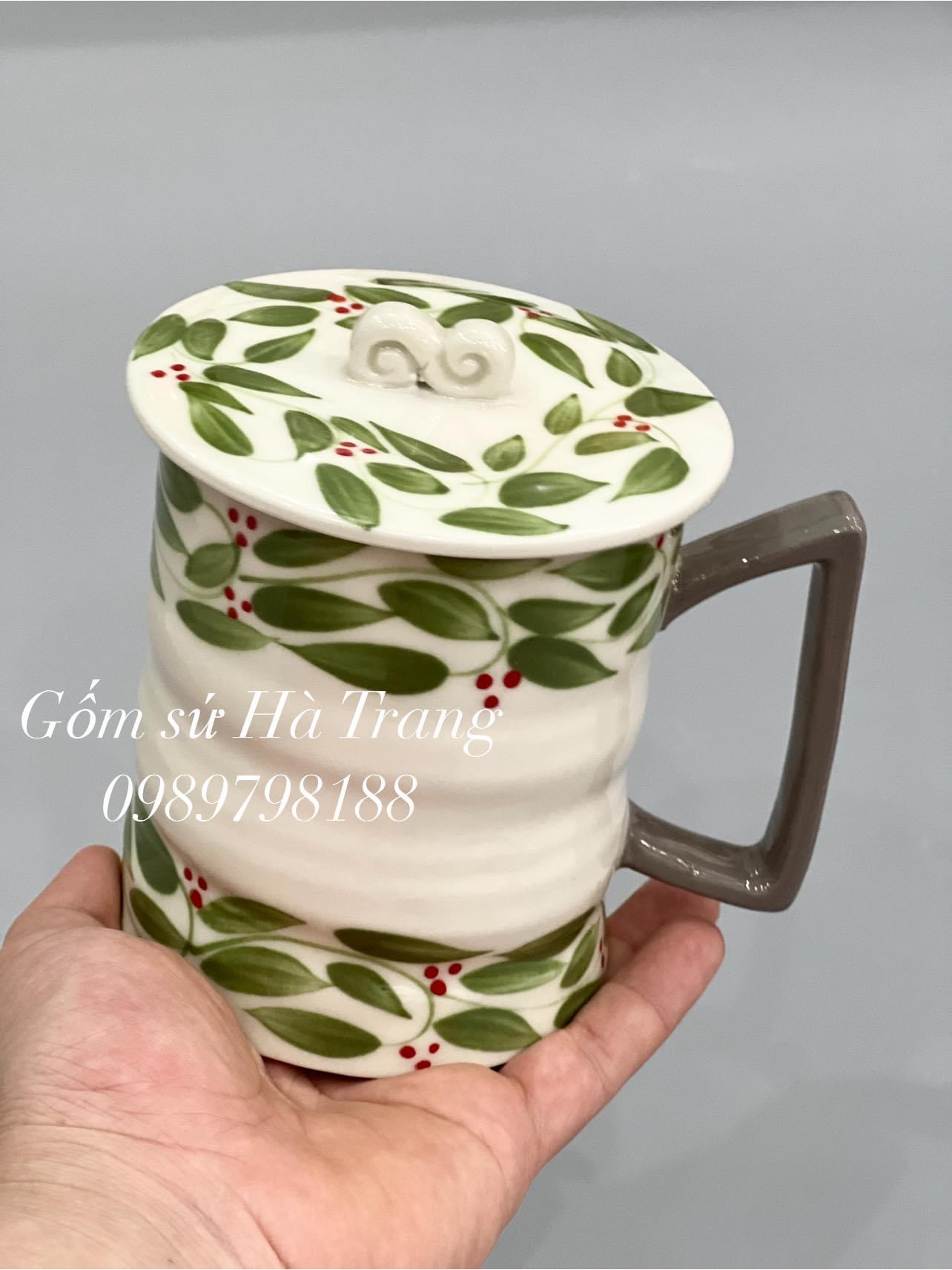 Cốc vuốt tay xuất dư dung tích lớn 500ml gốm sứ Bát Tràng cao cấp vẽ tay