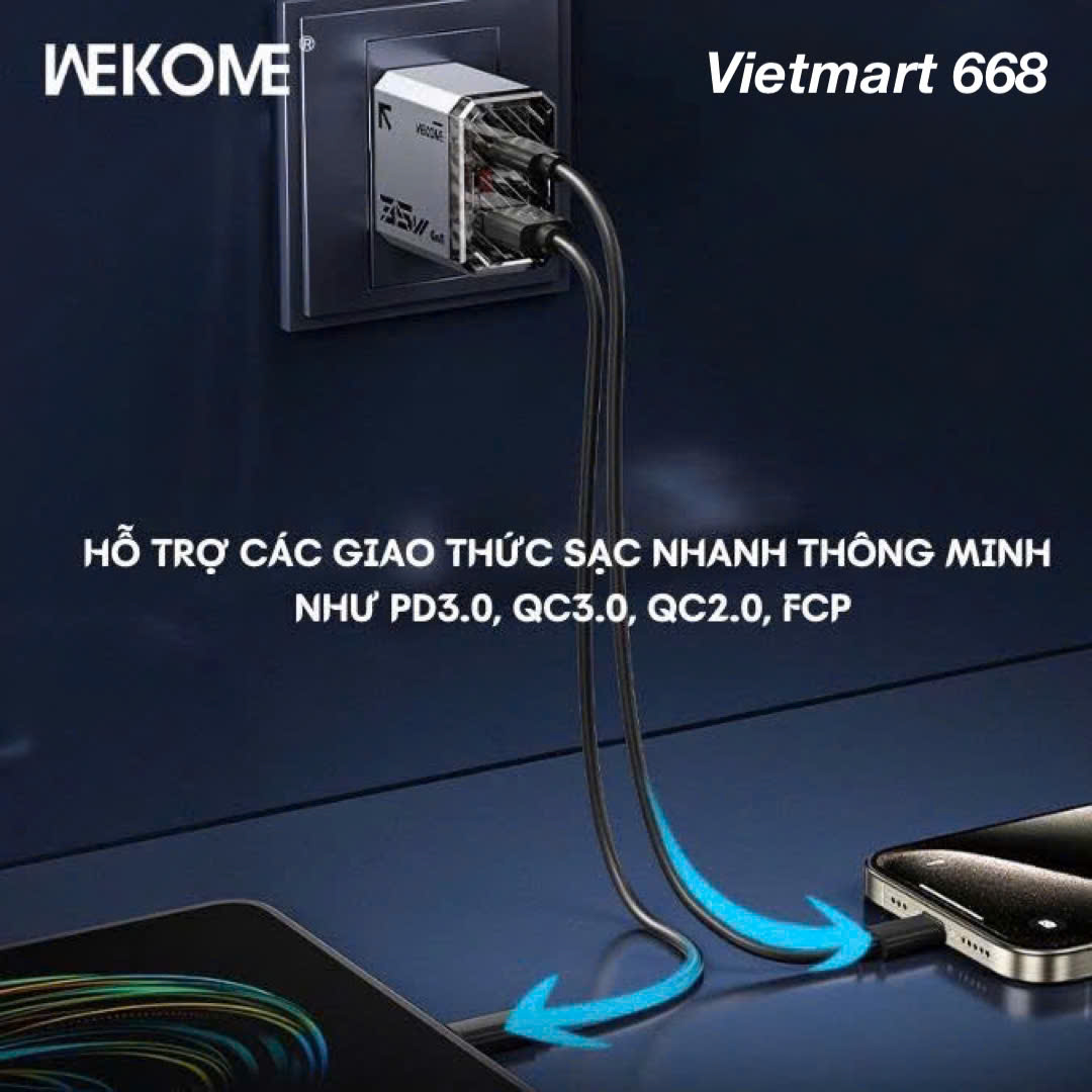 Củ Sạc Nhanh 35W WEKOME WP-U23 Hỗ Trợ Sạc Nhanh GaN 35W - Tích Hợp 2 Cổng TypeC + USB-A - Hàng Chính Hãng