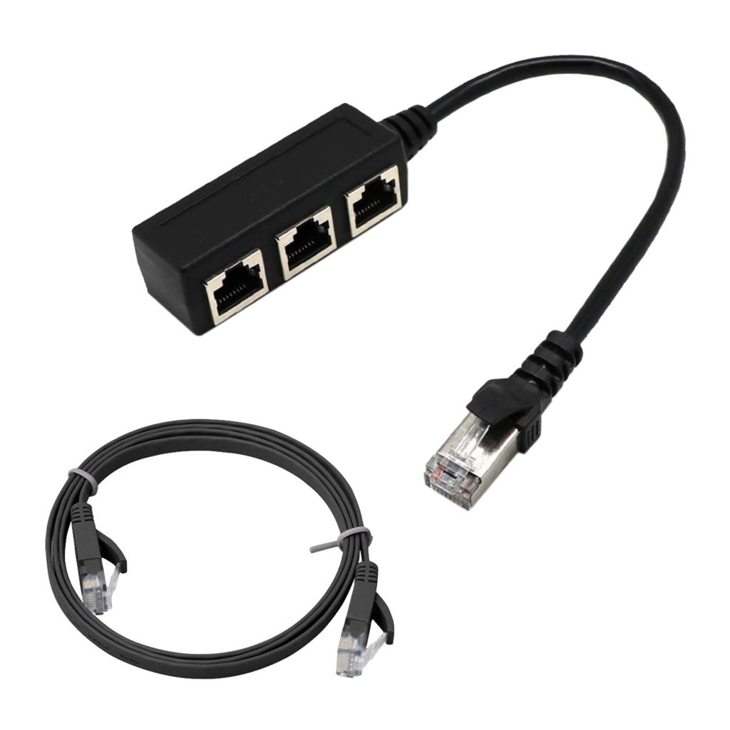 RJ45 Male to 3 Female Network Extender Cable Splitter + Cat 6 Cable Black