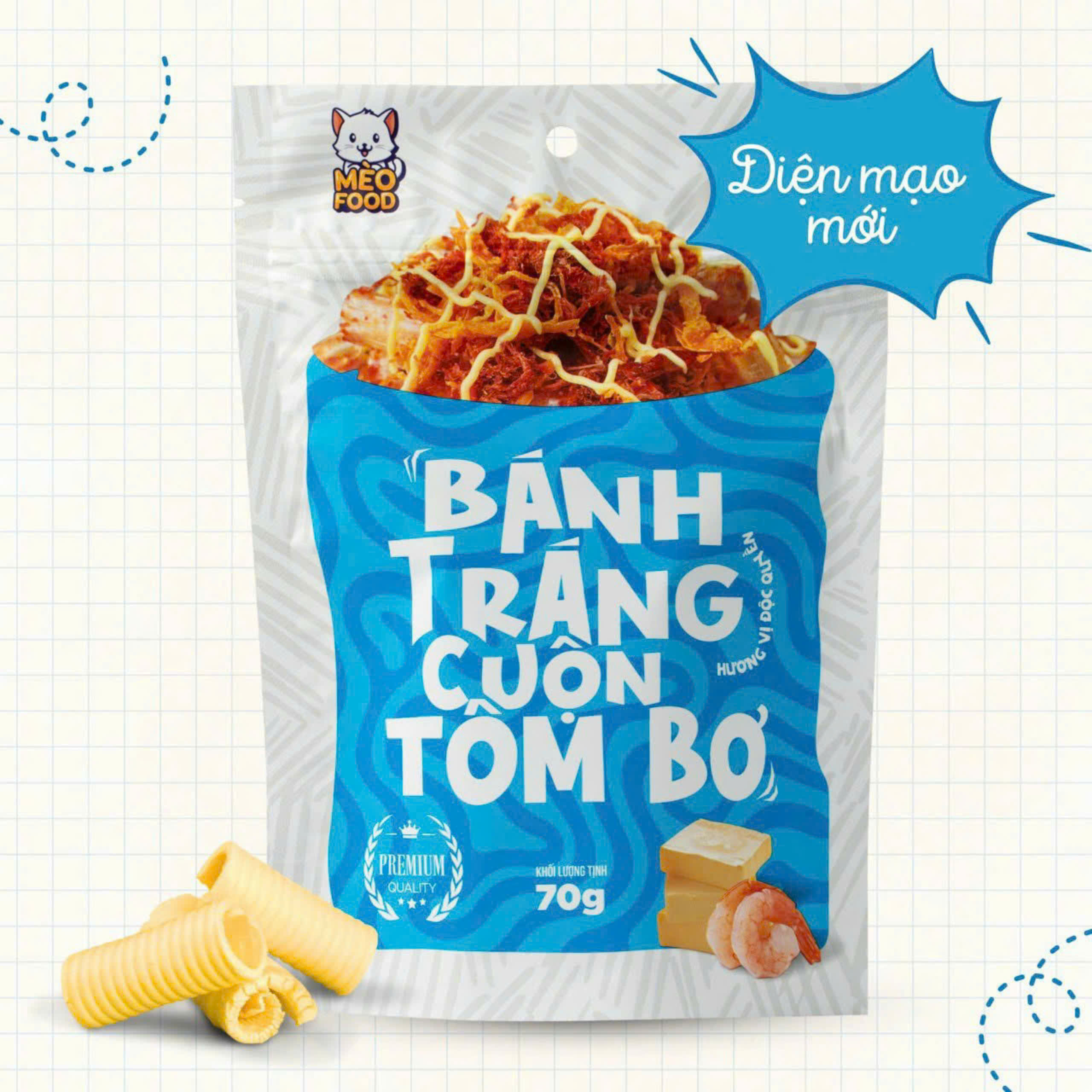 Bánh tráng trộn tỏi bò -Cuộn tôm bơ - Hoàng kim /Mèo food 70G