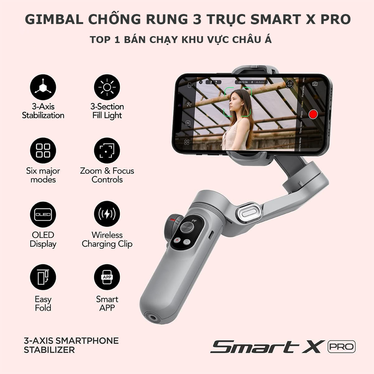 Gimbal chống rung cho điện thoại Smart X Pro - Tay cầm chống rung 3 trục tích hợp sạc không dây - Đèn LED hắt sàng - ĐA TÍNH NĂNG.