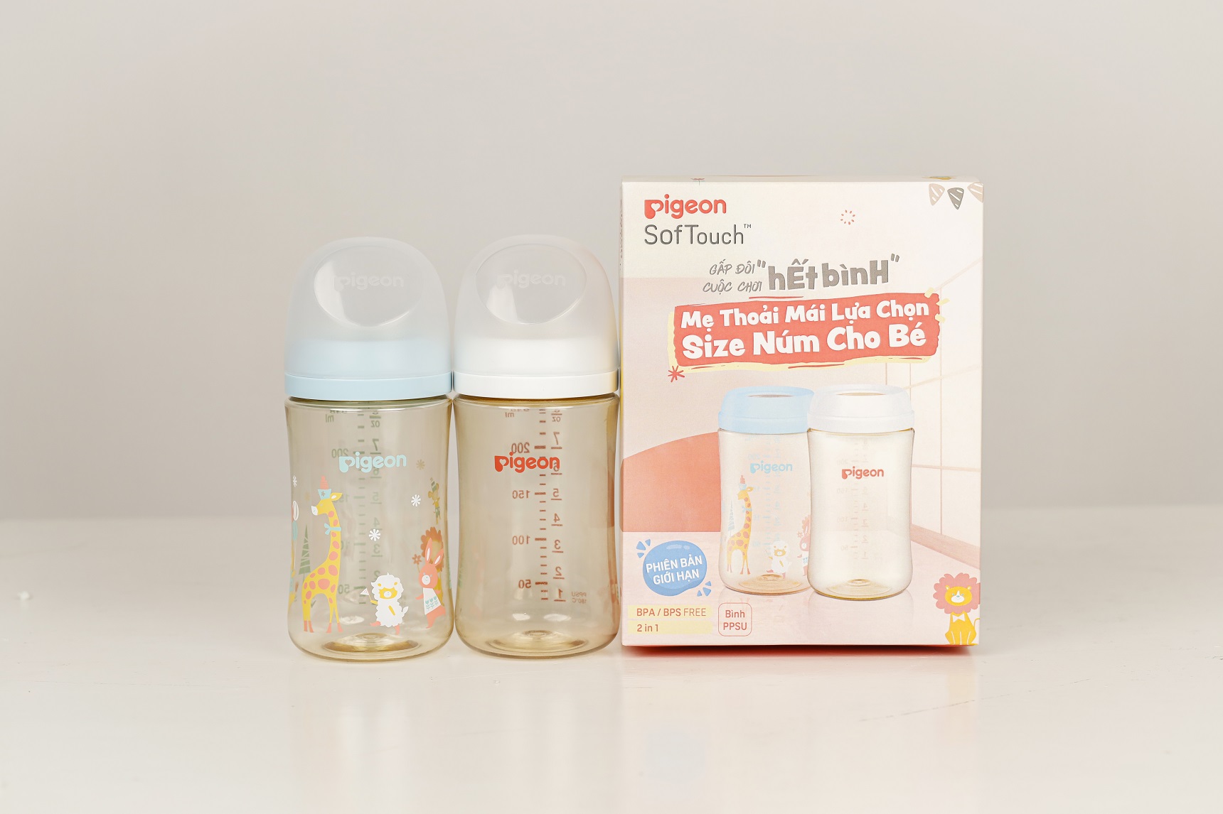 [PHIÊN BẢN GIỚI HẠN - BÌNH KHÔNG NÚM] Bộ Đôi Bình sữa Pigeon PPSU Không Núm Ty 240ml