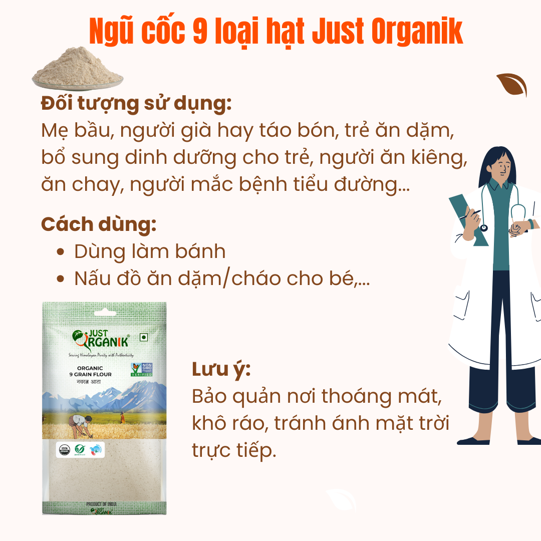 Bột Ngũ Cốc 9 Loại Hạt Dinh Dưỡng Hữu Cơ Just Organik Cho Bà Bầu Lợi Sữa Sau Sinh Người Ăn Kiêng 1kg