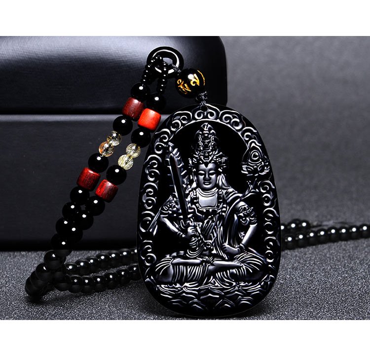 Chuỗi hạt đeo cổ mặt Phật bản mệnh theo tuổi bằng đá Obsidian - đá thủy tinh núi lửa tự nhiên MS01