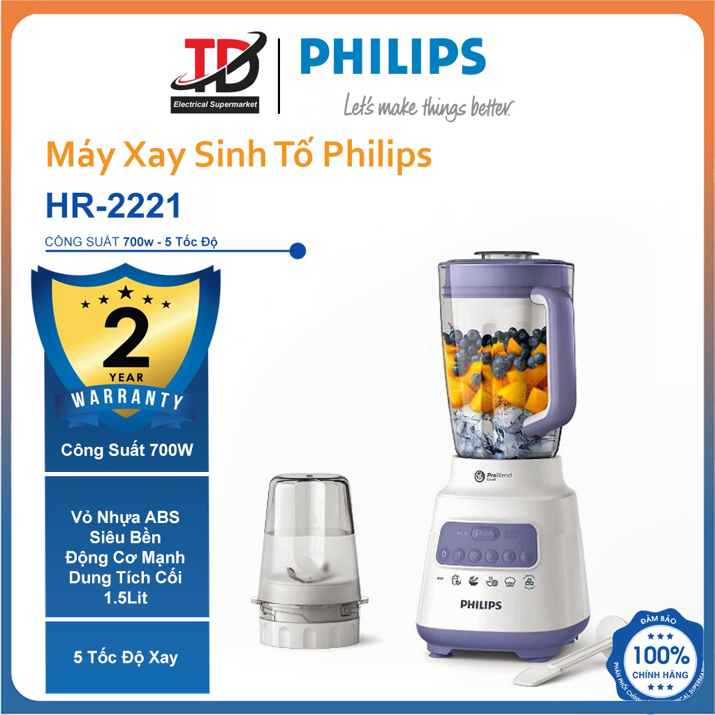 Máy Xay Sinh Tố Philips HR2221 - Công suất 700W Xay Đá , Xay Hạt - Hàng Chính Hãng