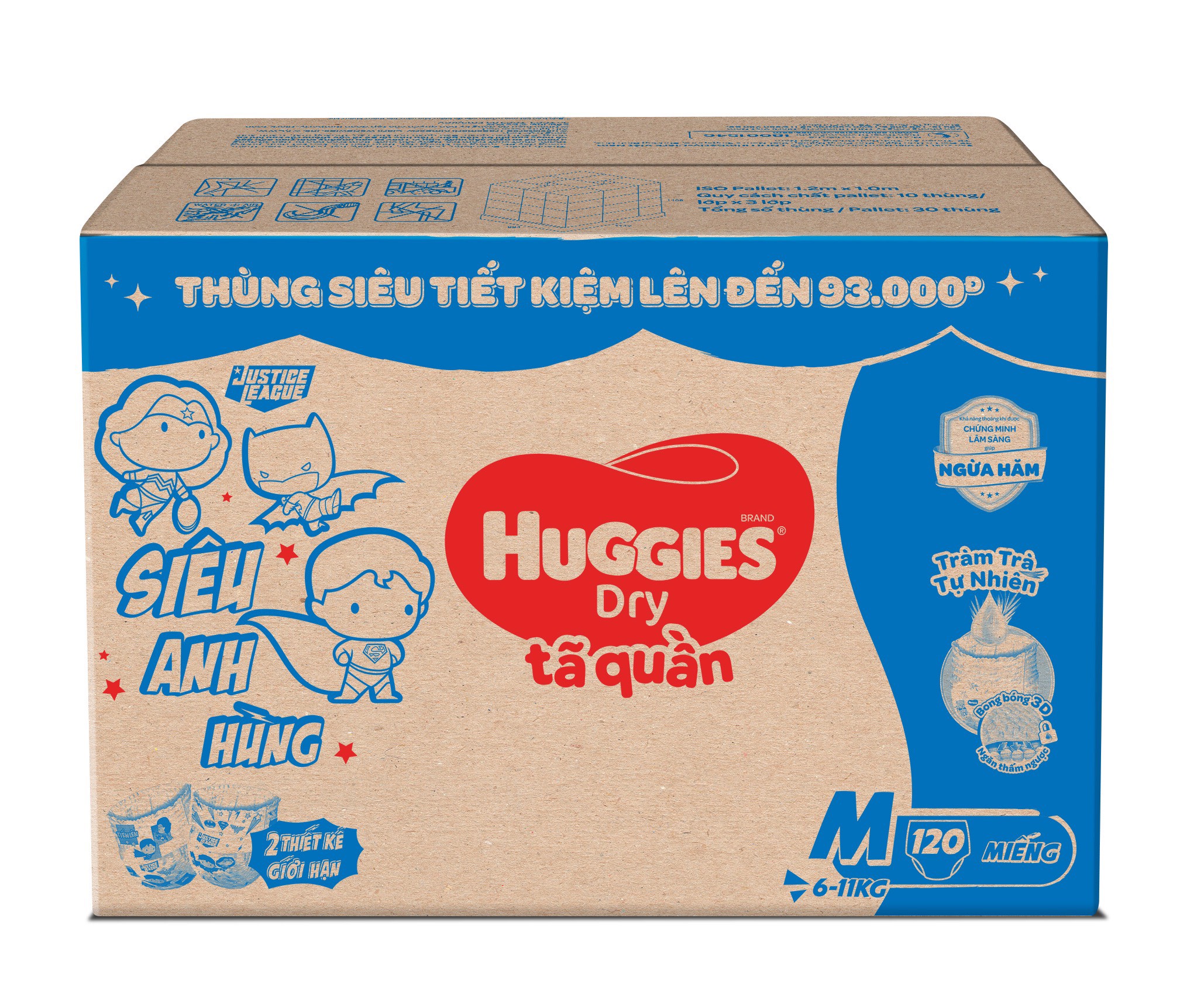 Thùng Tã quần Huggies Tràm Trà Tự Nhiên Dry Pants Mega Jumbo - Phiên bản Siêu Anh Hùng