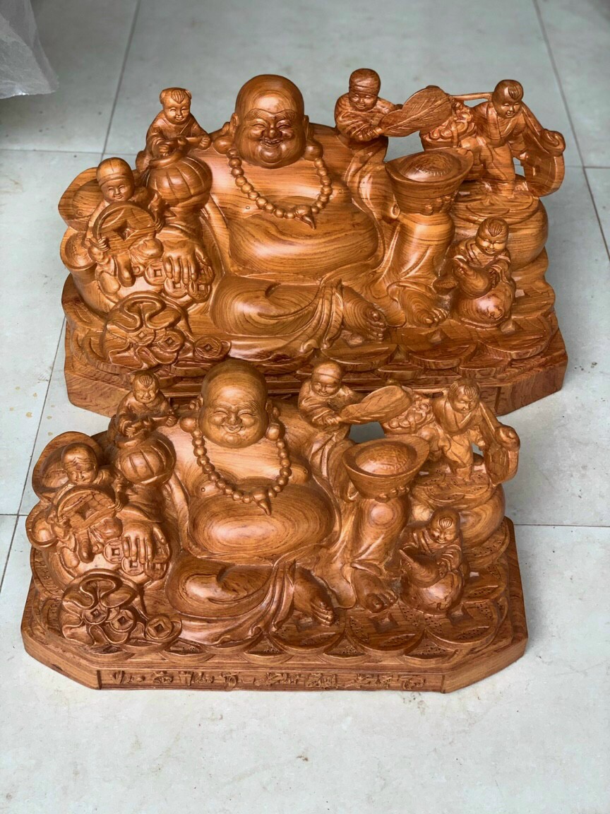 Tượng phật di lặc ngũ phúc bằng gỗ hương đá liền khối  kt 60×30×30cm