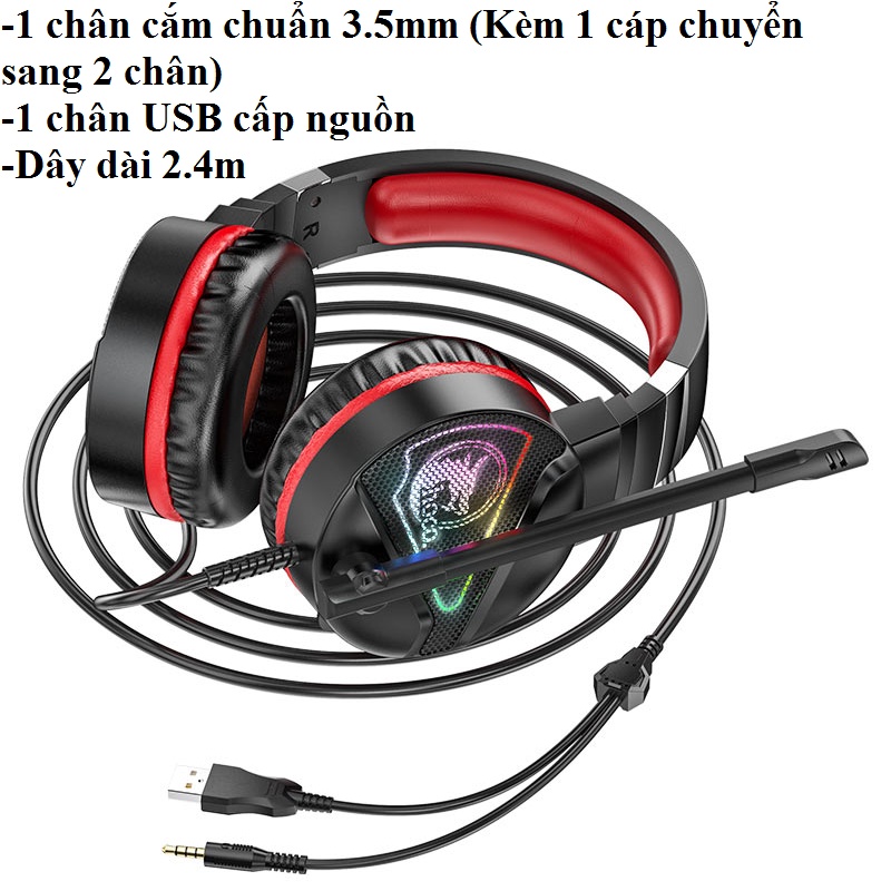 Tai nghe gaming chụp tai 1 chân 3.5mm đèn LED cho điện thoại máy tính hoco W104 _ Hàng chính hãng