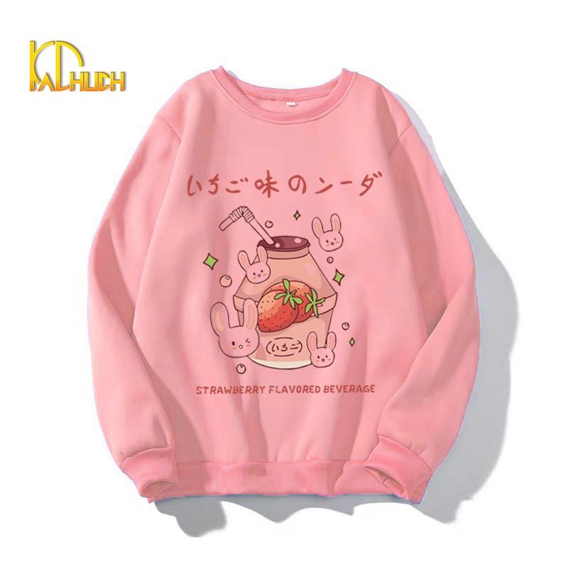 ÁO SWEATER NỈ NỮ IN STRAWBERY FLAVORED BEVERAGE KÈM CLIP THẬT ĐỦ SIZE M L XL
